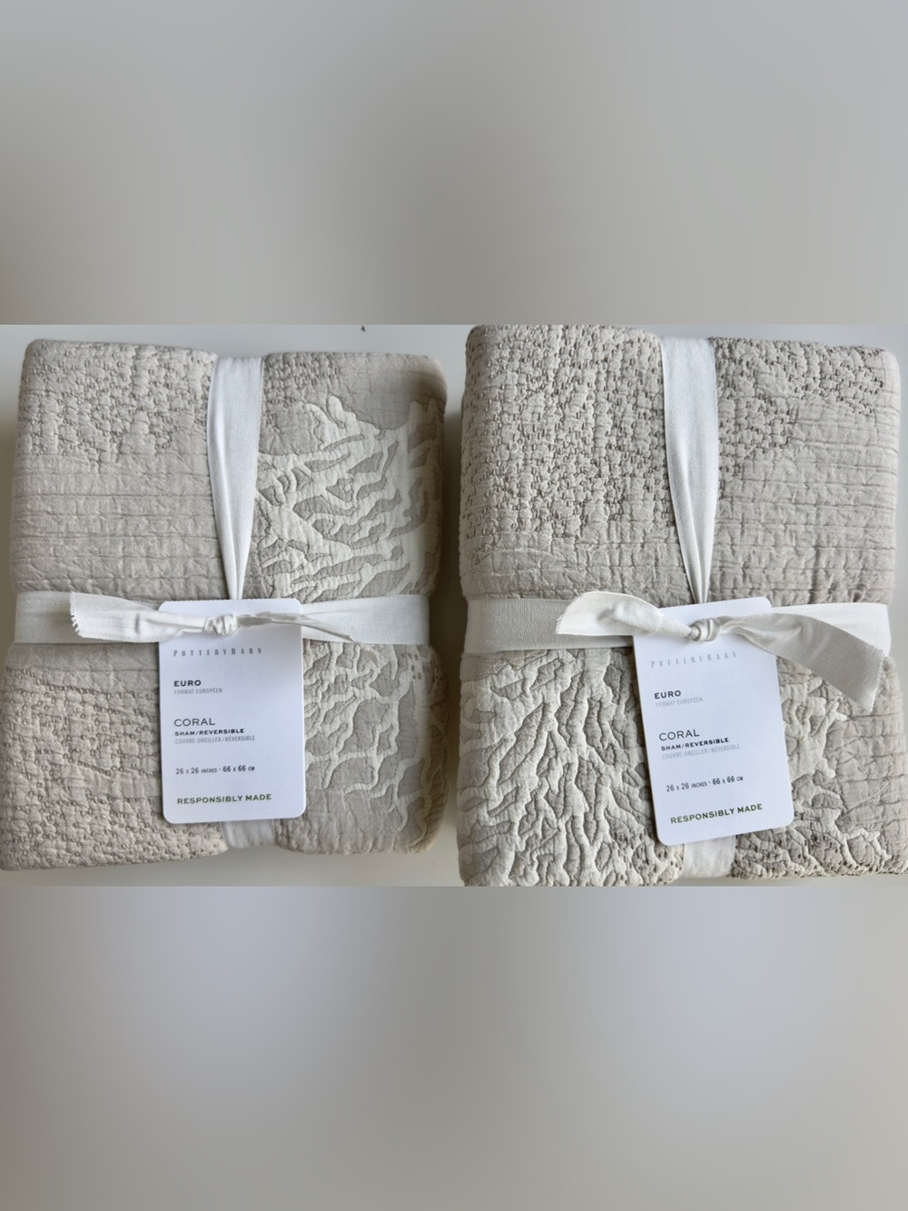 Pottery Barn 2 Coral Reversible Quilted Euro Shams, in Pebble, NWT, Retail $159